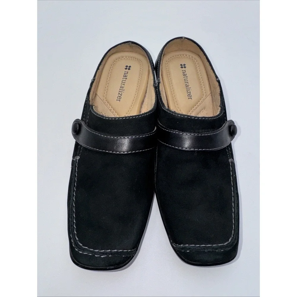 Naturalizer Black Leather Suede JOYFUL Mule Slip On Women's Size 4.5M Square Toe